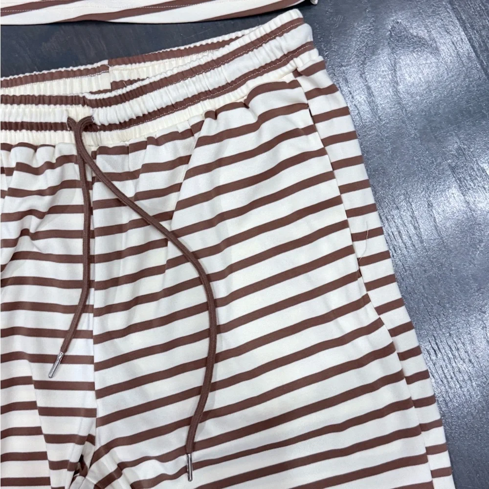 Striped Two-Piece Loungewear Set in Cream and Brown - Picture 7 of 9